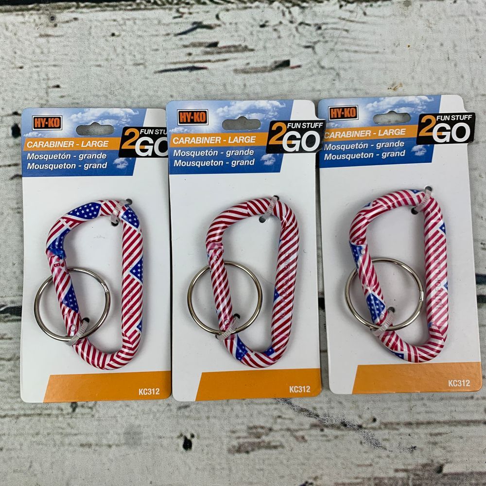 HY-KO 3-Pack American Flag Large Carabiner Keychain Clip Aluminum KC312 NEW