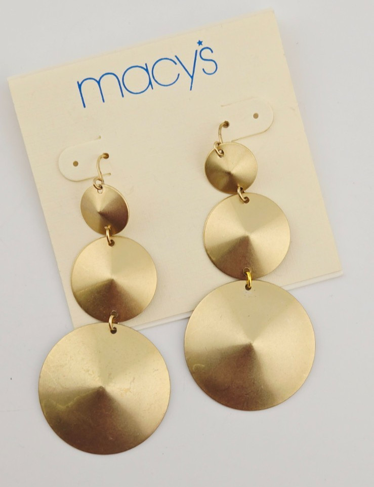 Macy's Earrings Brushed Gold Tone Dangle Pointed Circles 3" Drop Vintage
