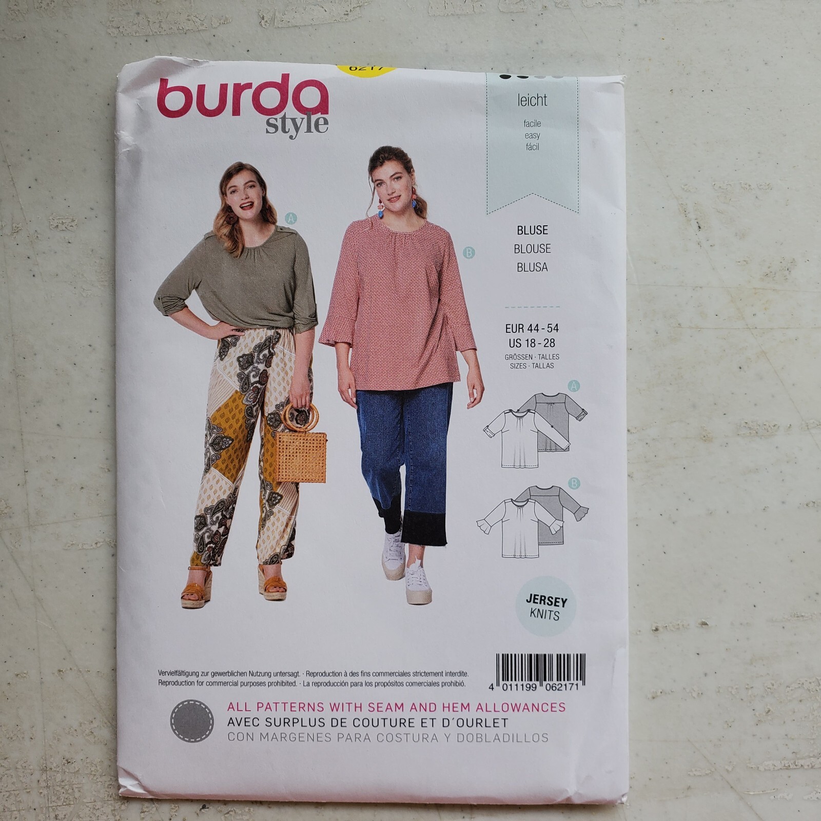 Burda 6217 Knit Top Blouse Pullover Gathered Neck Easy Misses 18 - 28 UNCUT
