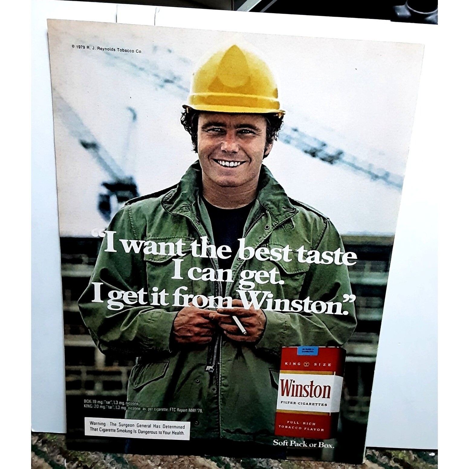 1979 Winston Cigarettes Man Construction Hard Hat Original Print Ad vintage