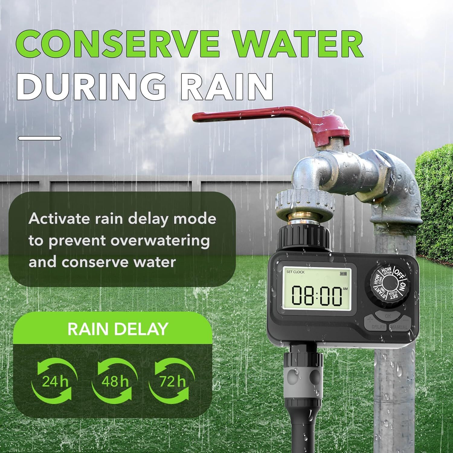 BN-LINK Sprinkler Timer Outdoor, Programmable Water Timer with Rain Delay LCD