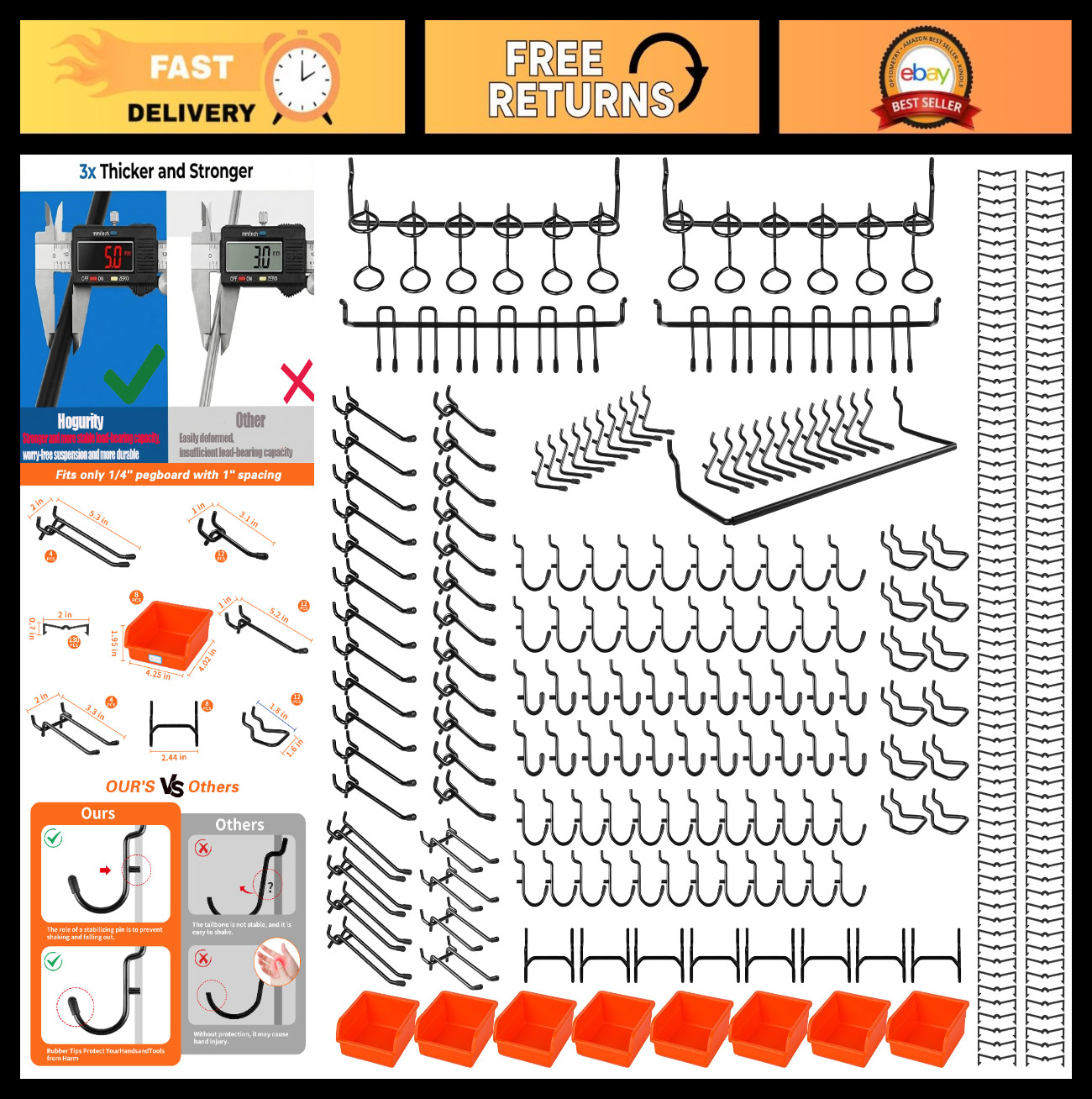 296 PCS Heavy Duty Pegboard Hooks & Accessories for Garage Tool Organization