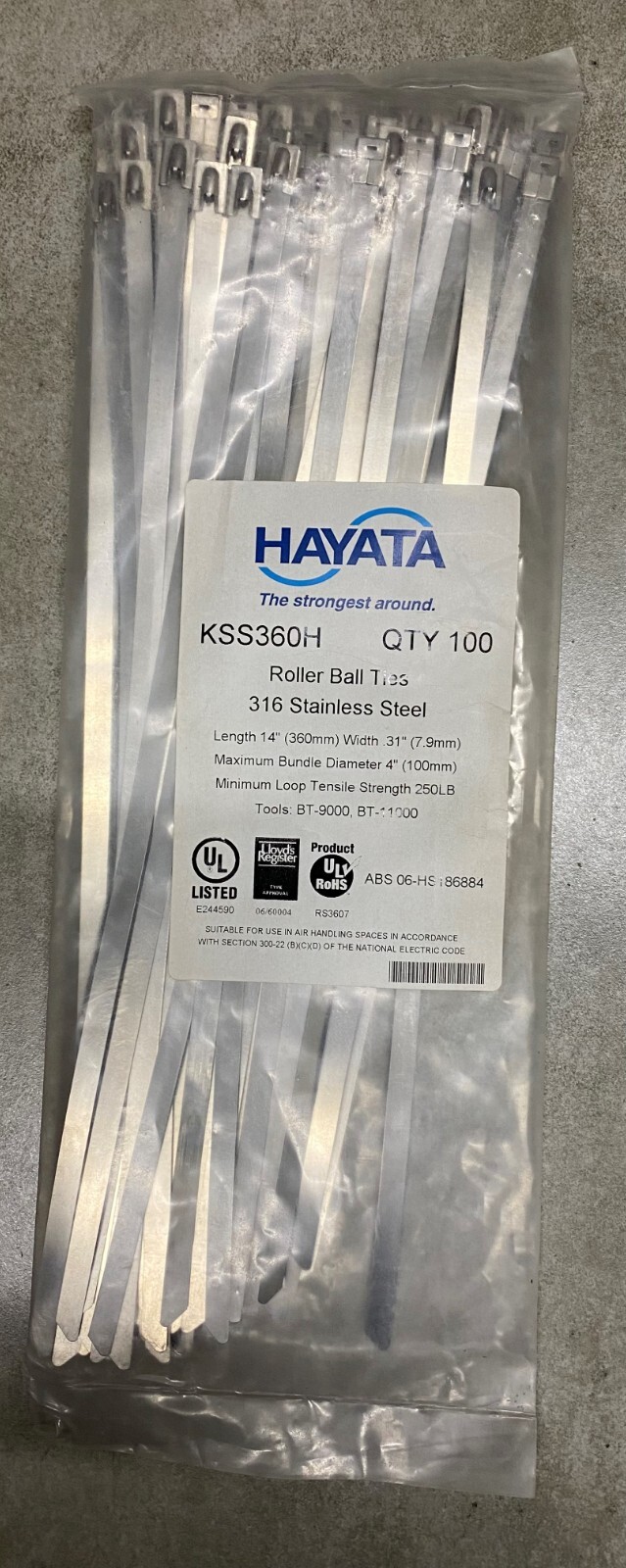 HAYATA KSS360H / TBC360H 316SS Roller Ball Cable Tie, 360mmX 7.9mm 100 Pc's Pkt