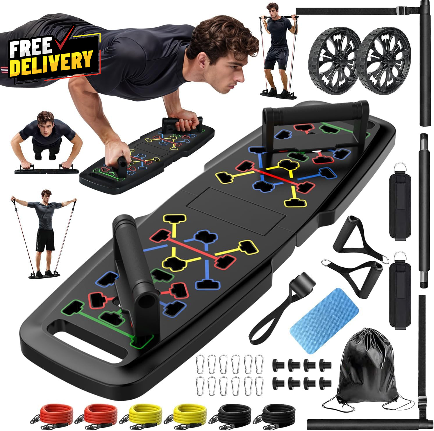 Push up Board Home Gym Portable Exercise Equipment Pilates Bar and 20 Fitness...