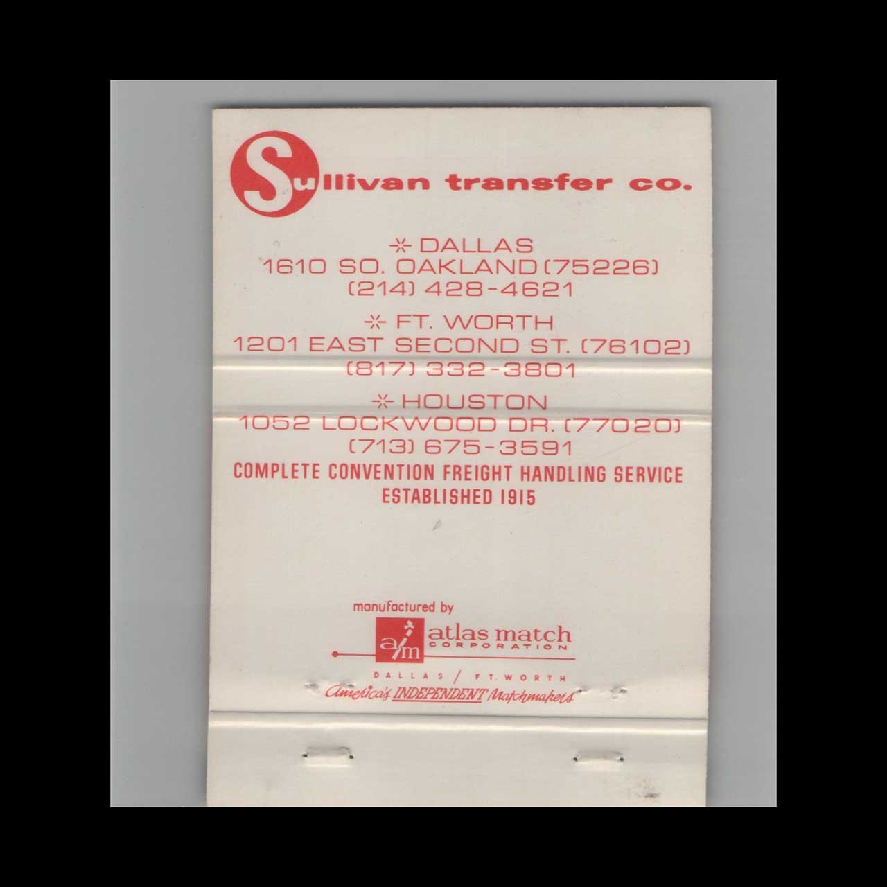 Matchbook Cover Sullivan Transfer Co Dallas TX