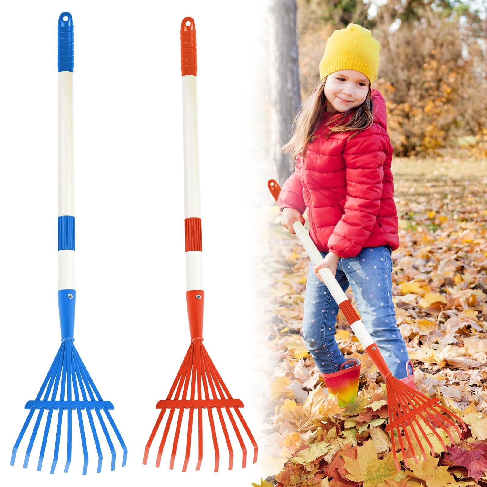 2 PCS 28 Inch Kids Leaf Rakes Blue Red Metal Head Hardwood Handle Child