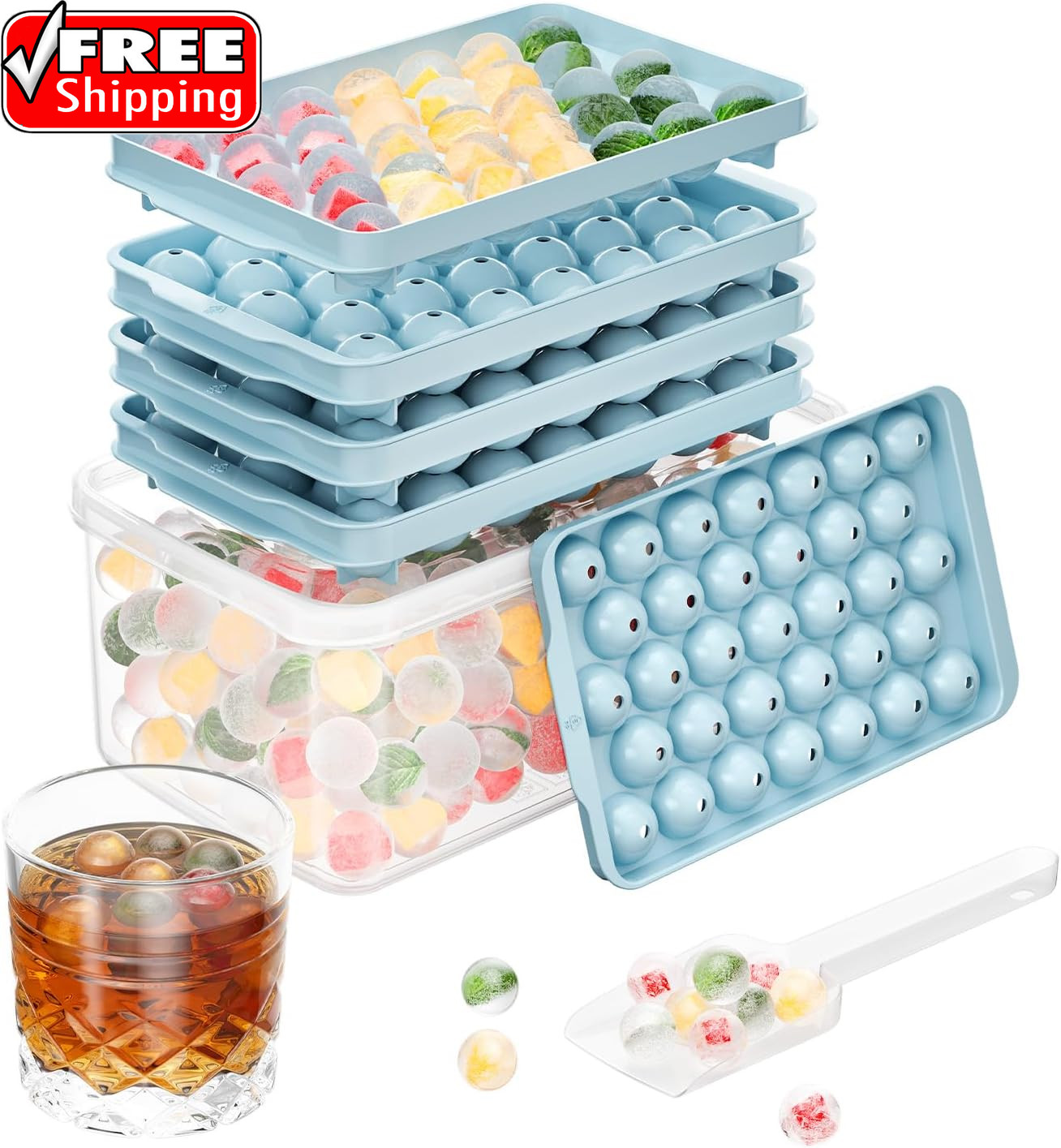 3 Pack Ice Trays for Freezer, 99 PCS Ice Cube Tray with Lid and Bin, round Ice C