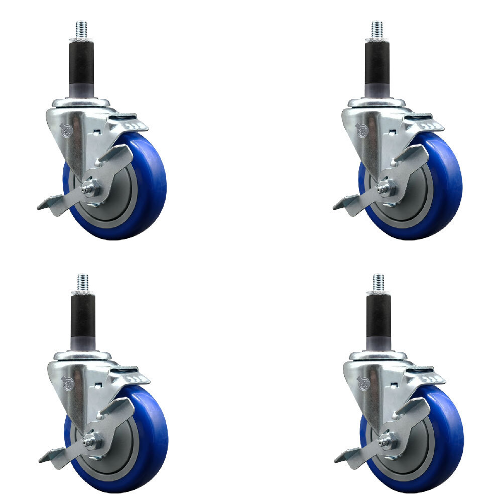 4 Inch Blue Poly Swivel 1-1/8 Inch Expanding Stem Caster Set with Brake SCC