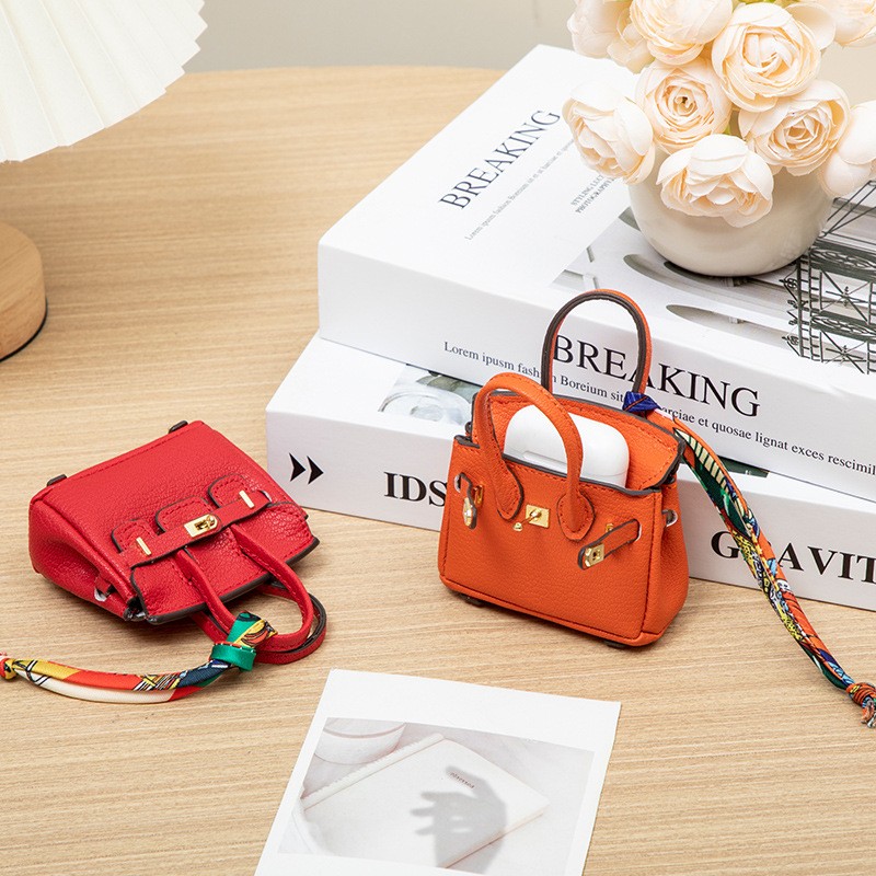 Mini Leather Handbag Keychain Women Girl Coin Purse Car Charm Bag for AirPods
