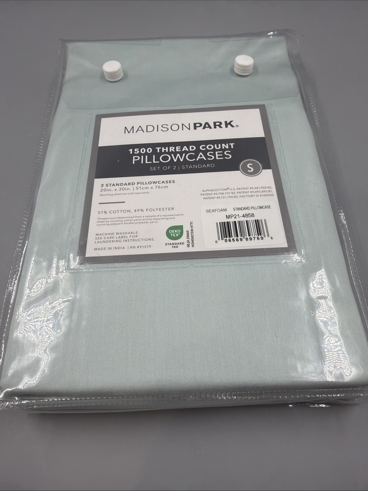 MADISON PARK- 1500 Thread Count Alpha Cotton Pillowcases Set of 2 -Seafoam