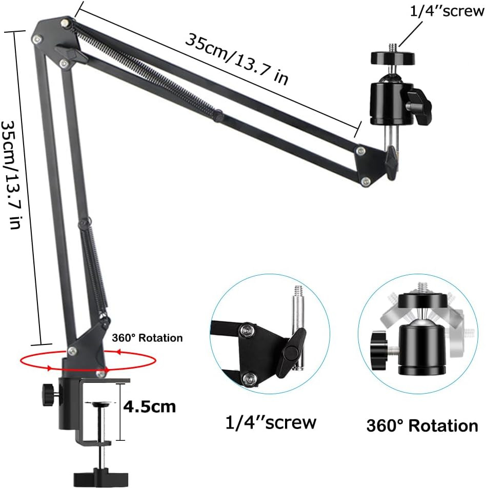Overhead Tripod Mount for Camera Webcam Ring Light, over Head Articulating Arm w