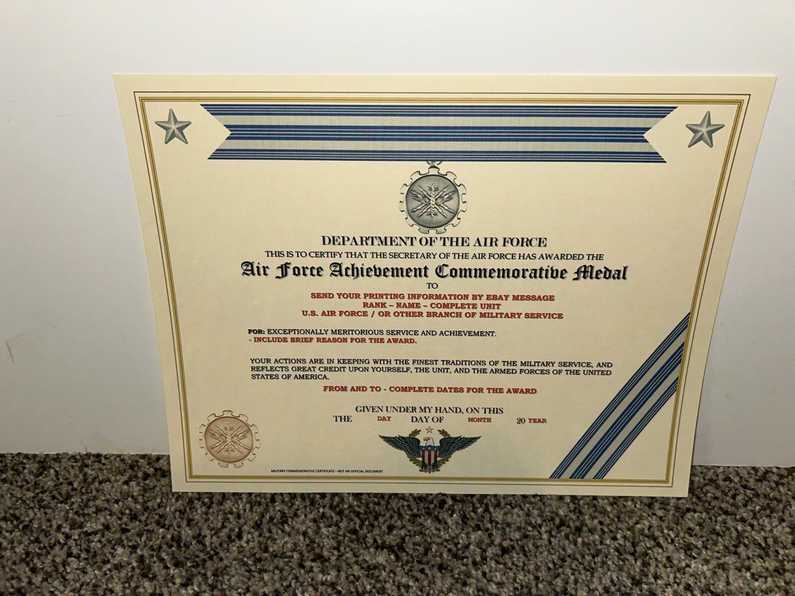 U.S. AIR FORCE ACHIEVEMENT COMMEMORATIVE MEDAL CERTIFICATE ~ W/PRINTING T-1