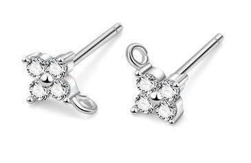1Pair Sterling Silver Stud Earrings Component, CZ Clover Earrings Supply, Minim