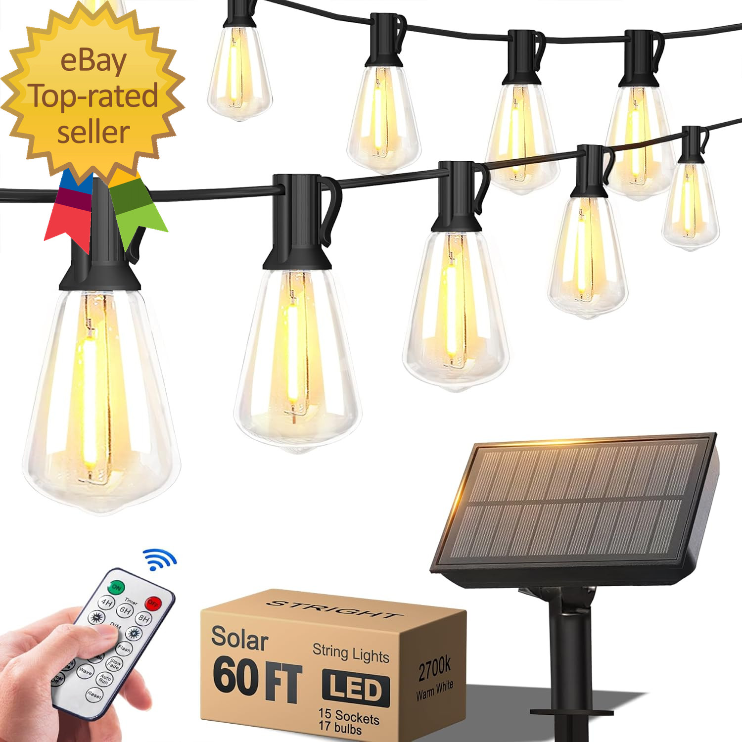 60FT Solar String Lights Outdoor Weatherproof with Remote Solar Powered LED Edis
