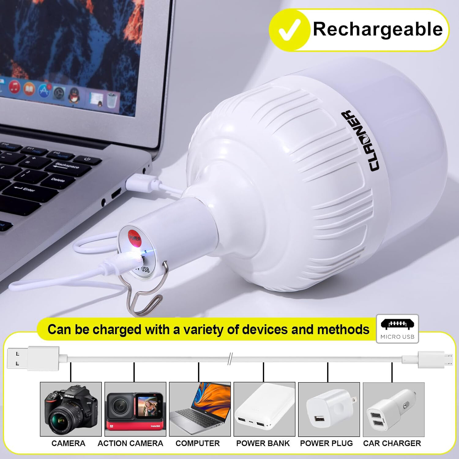 4PCS 20W USB Rechargeable LED Work Light Bulb with Hanging BBQ Camping Emergency