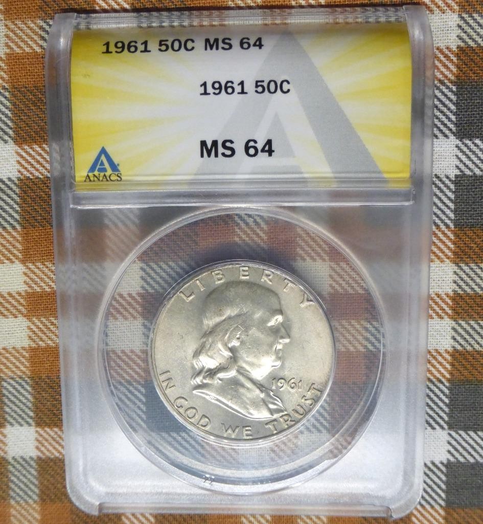 1961 ANACS MS 64 Franklin Silver Half Dollar, United States of America 50C Coin
