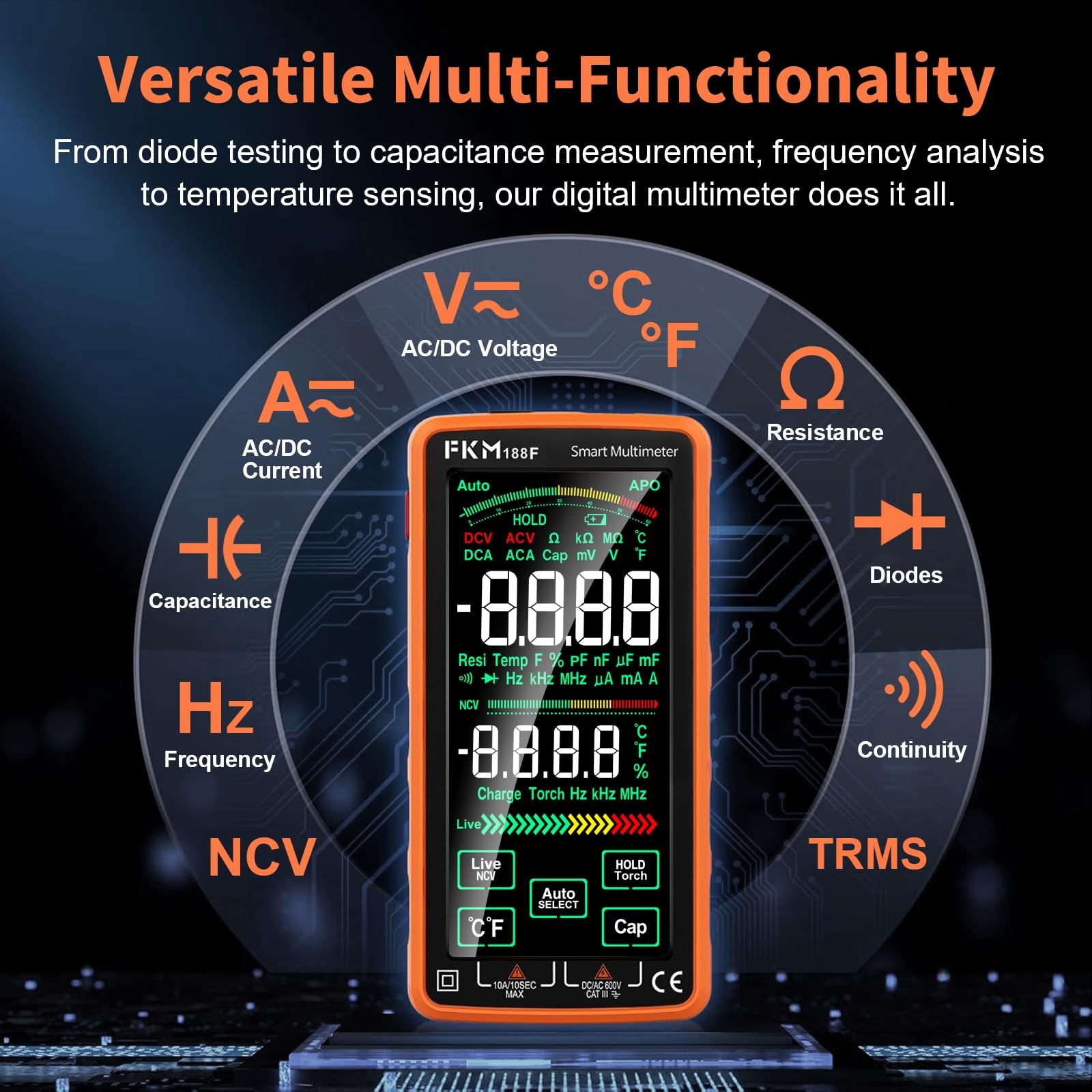 FKM Pro Digital Multimeter Tester,Compact & Rechargeable 6000 Counts, orange