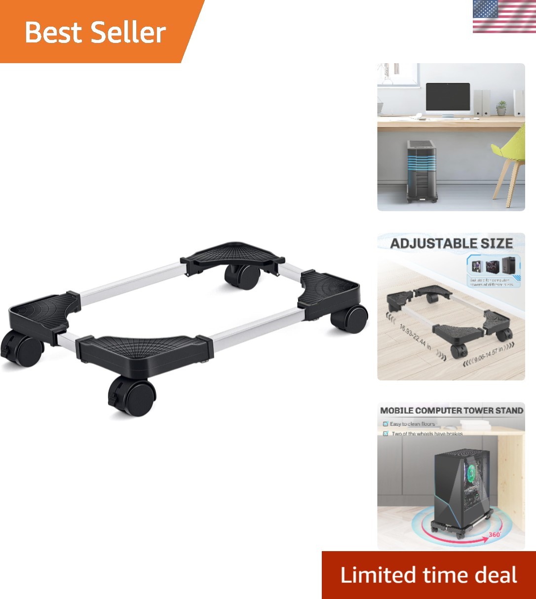 Sturdy Computer Tower Stand with Rotating Casters - Space-Saving Black Design