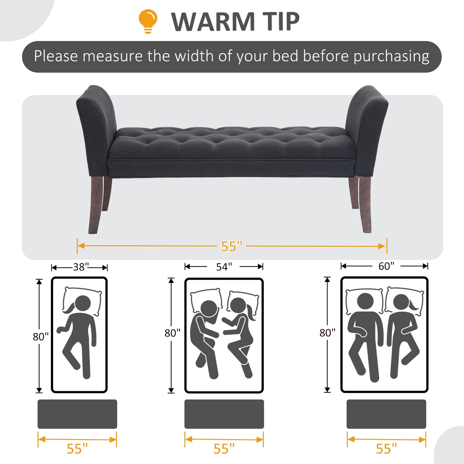Button Tufted End of Bed Bench with Upholstered Arms and Solid Wood Legs, Black