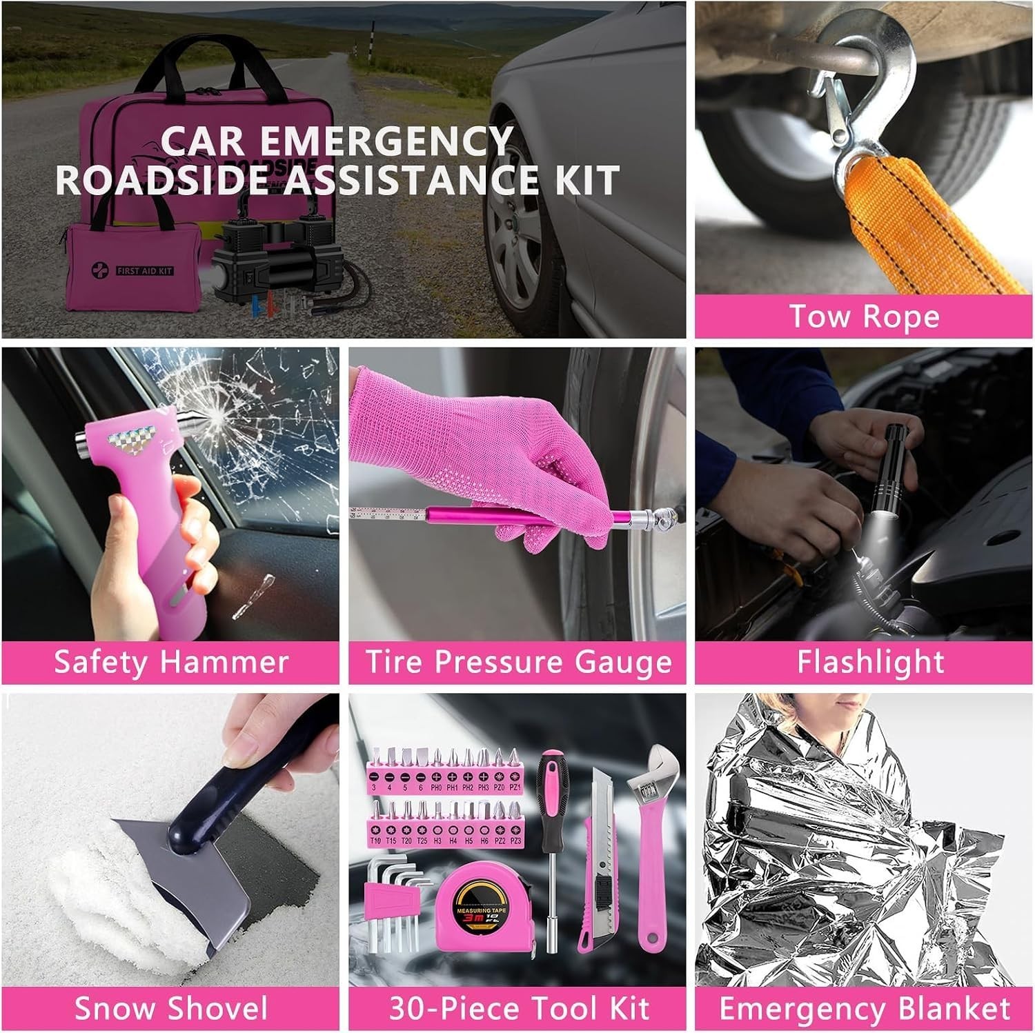 Emergency Car Kit with Air Compressor, Jumper Cables, First Aid & Tools - Winter