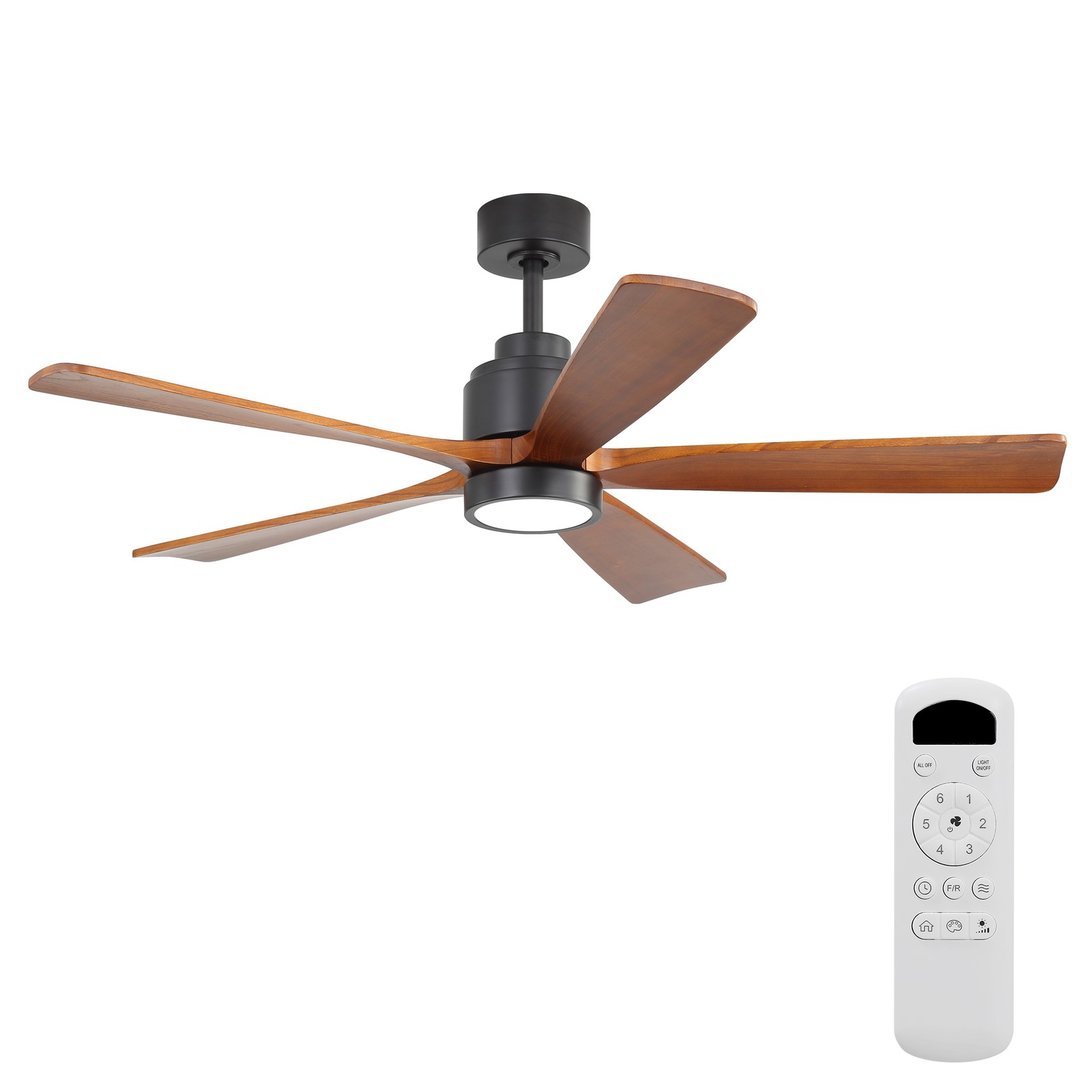 52" Matte Black Ceiling Fan with Walnut Blades 18W Three Color Dimmable Light