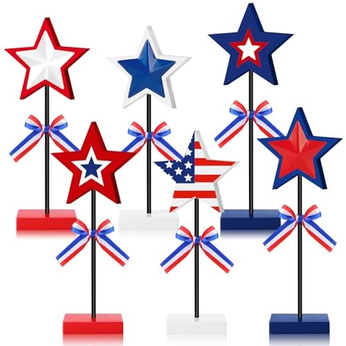 Briwooody 6 Pcs 4th of July Decoration Wooden Star Set Patriotic Fourth of July