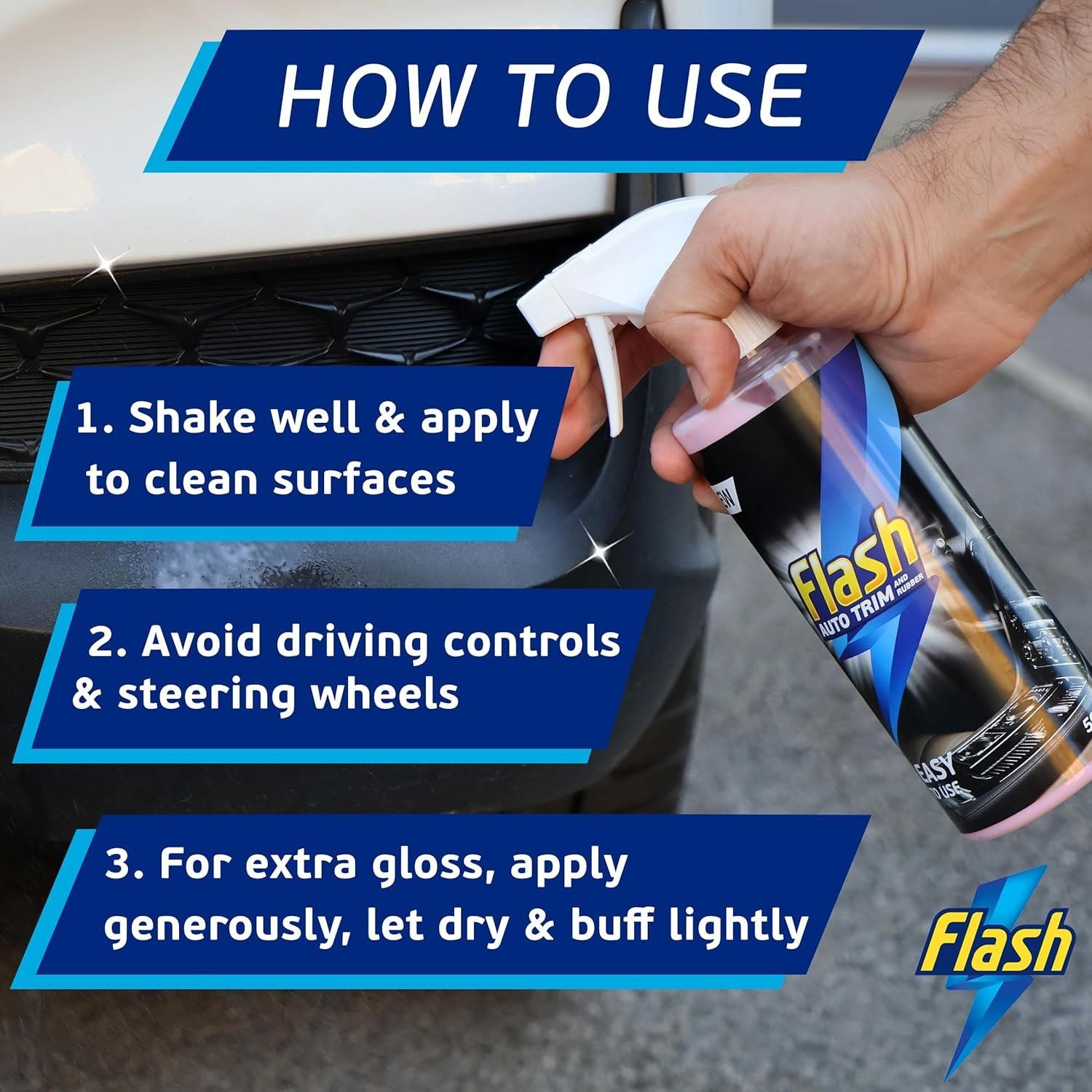FLASH Trim & Rubber Care Dashboard Bumper Protector & Cleaner Spray 6x500ml