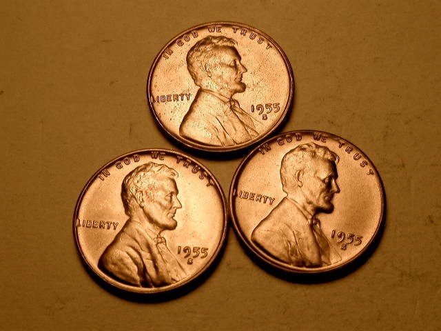 3 Different 1955-S Ch BU Red Uncirculated Lincoln Cent Obv. Die Break Errors#4