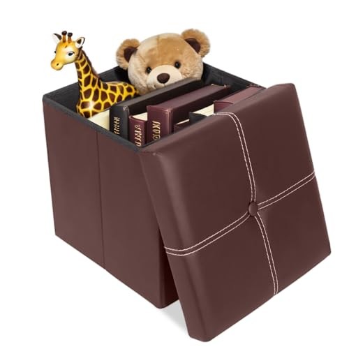 Small Folding Storage Ottoman Cube, Faux 11.8"D x 11.8"W x 11.8"H Brown