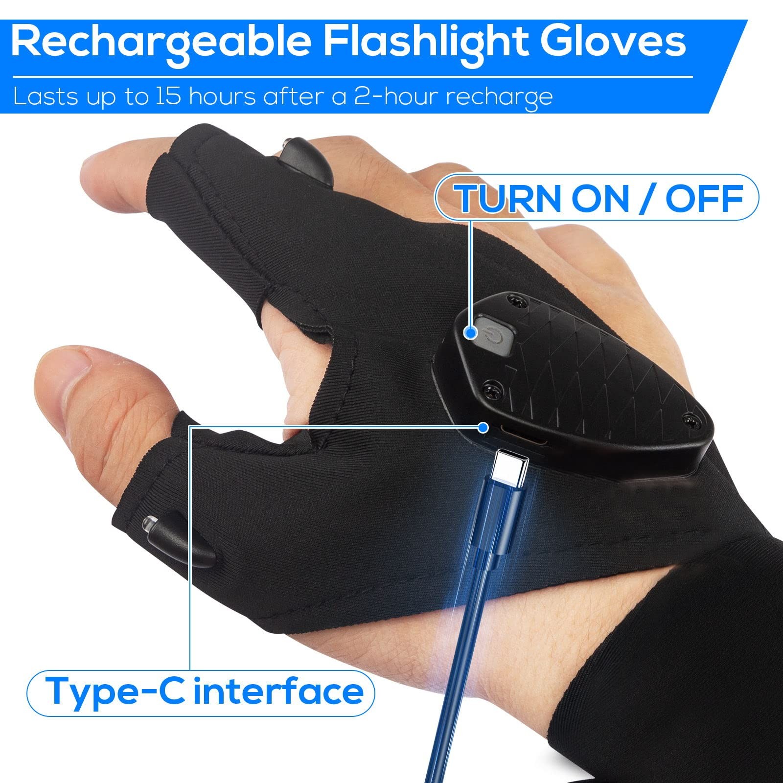 MOIPEJO LED Flashlight Gloves Rechargeable, Mens Stocking Black
