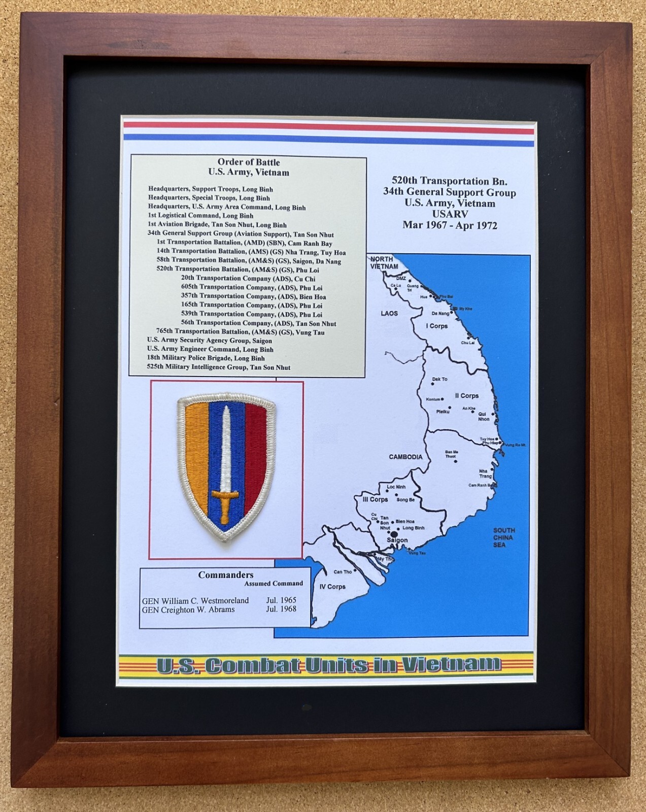 USARV, 520th Transportation Bn. Unit Patch and History in Vietnam 11" x 14"