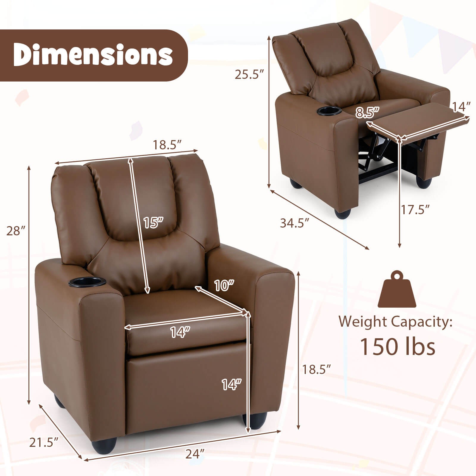 Kids Recliner w/Cup Holder Adjustable Backrest & Footrest for Boys & Girls