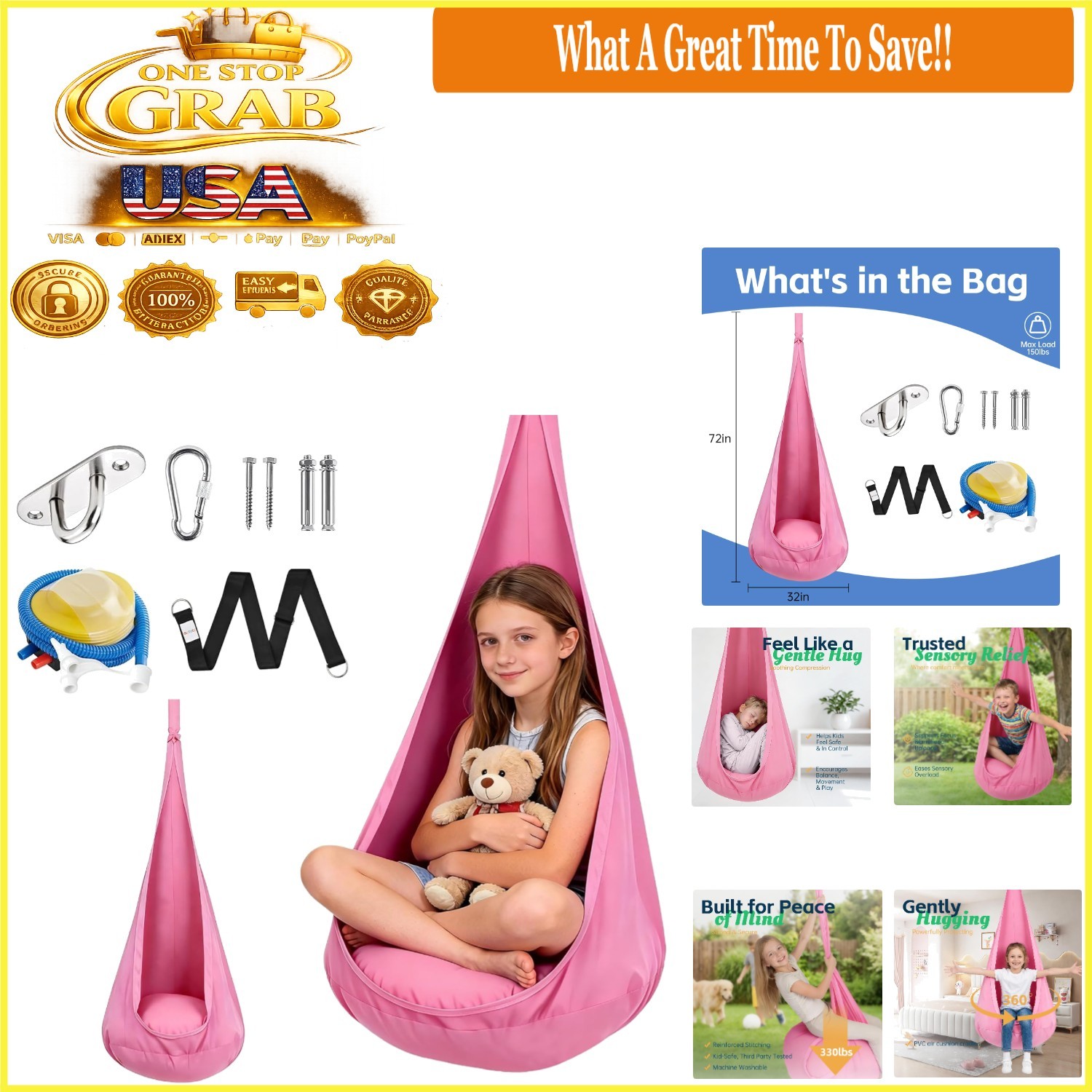 Kids Sensory Swing Seat 330 Lbs Indoor Outdoor Hammock Chair with Cushion