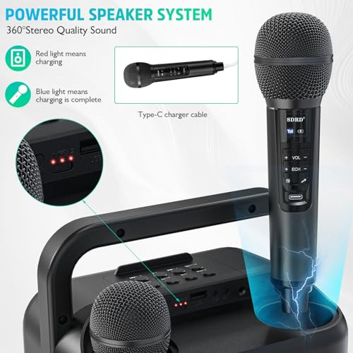 Karaoke Machine with Two Wireless Microphones, Portable Bluetooth Speaker for