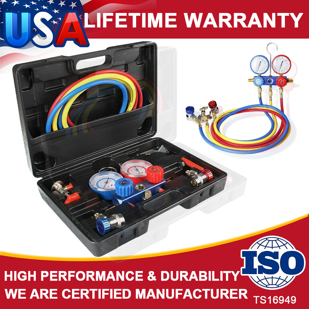 A/C AC Car Kit Pump Manifold Gauge Air Brass 5FT Hose HVAC Air Conditioner