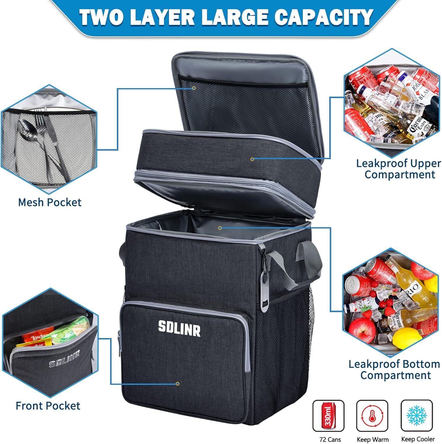 cans large rolling cooler, leak-proof insulated soft cooler with wheels