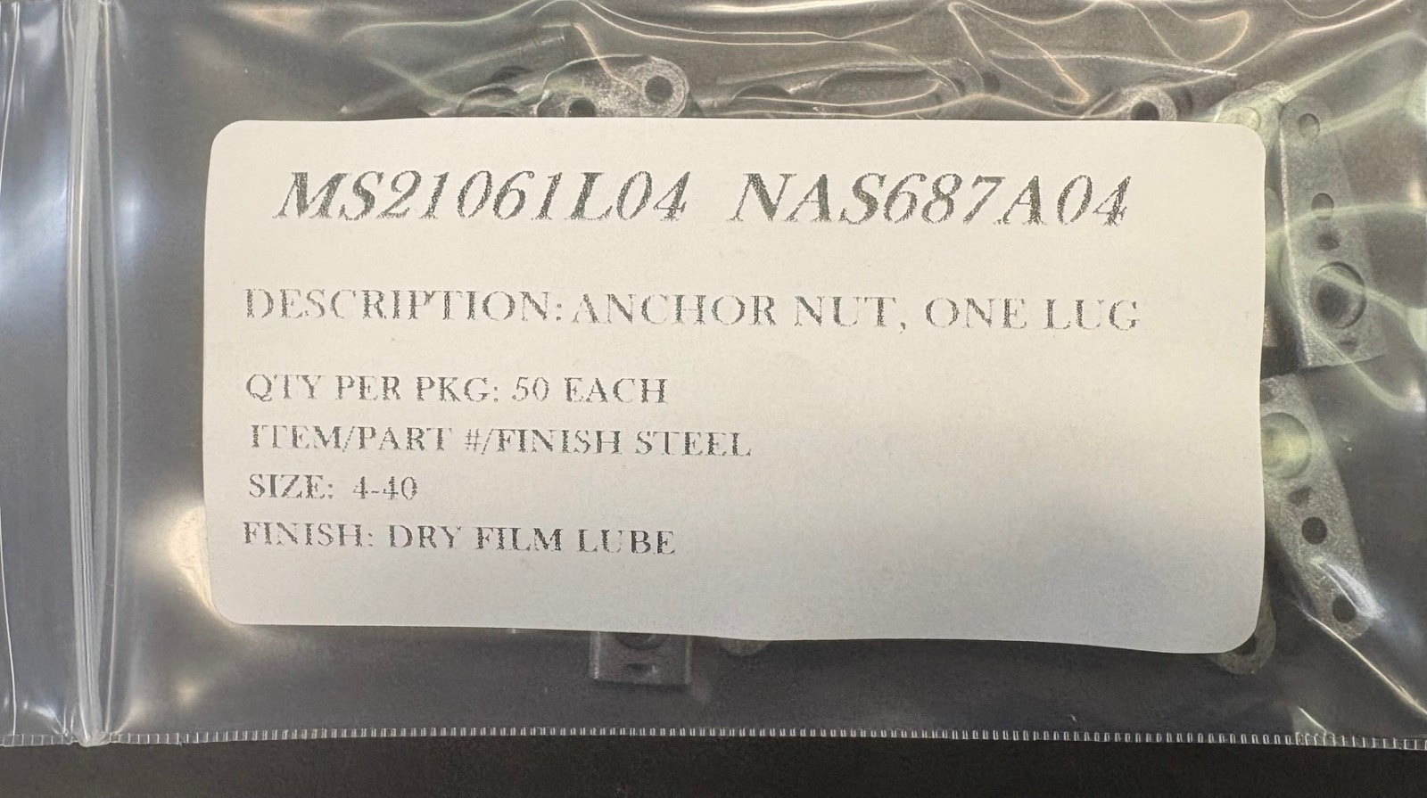MS21061L04 NAS687A04 ANCHOR NUT FLOATING 1 LUG PACK 50/EA 10-32 THREAD