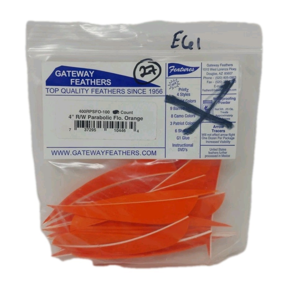 27 Count Gateway Feathers 4" Right Wing: Parabolic Fluorescent Flo Orange