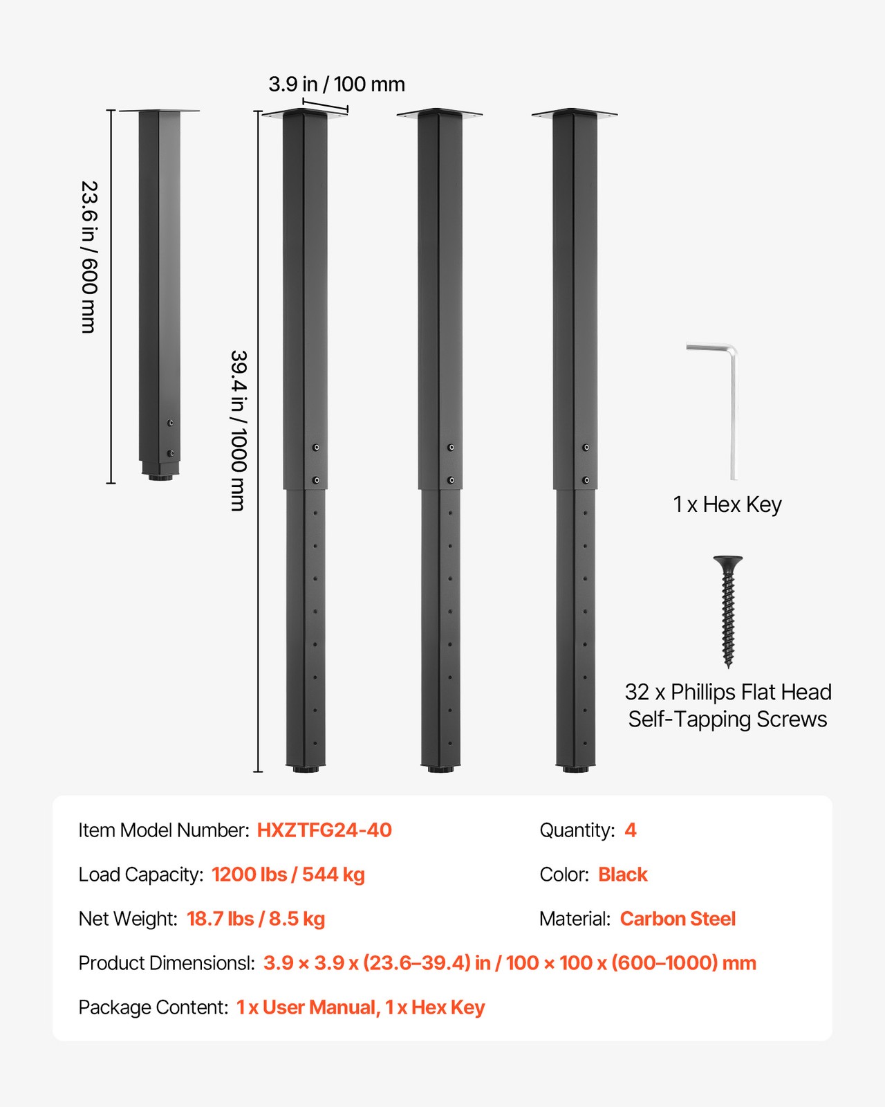 VEVOR Adjustable Steel Table Legs 24-40 in Square 1200 lbs Heavy Duty 4 PCS