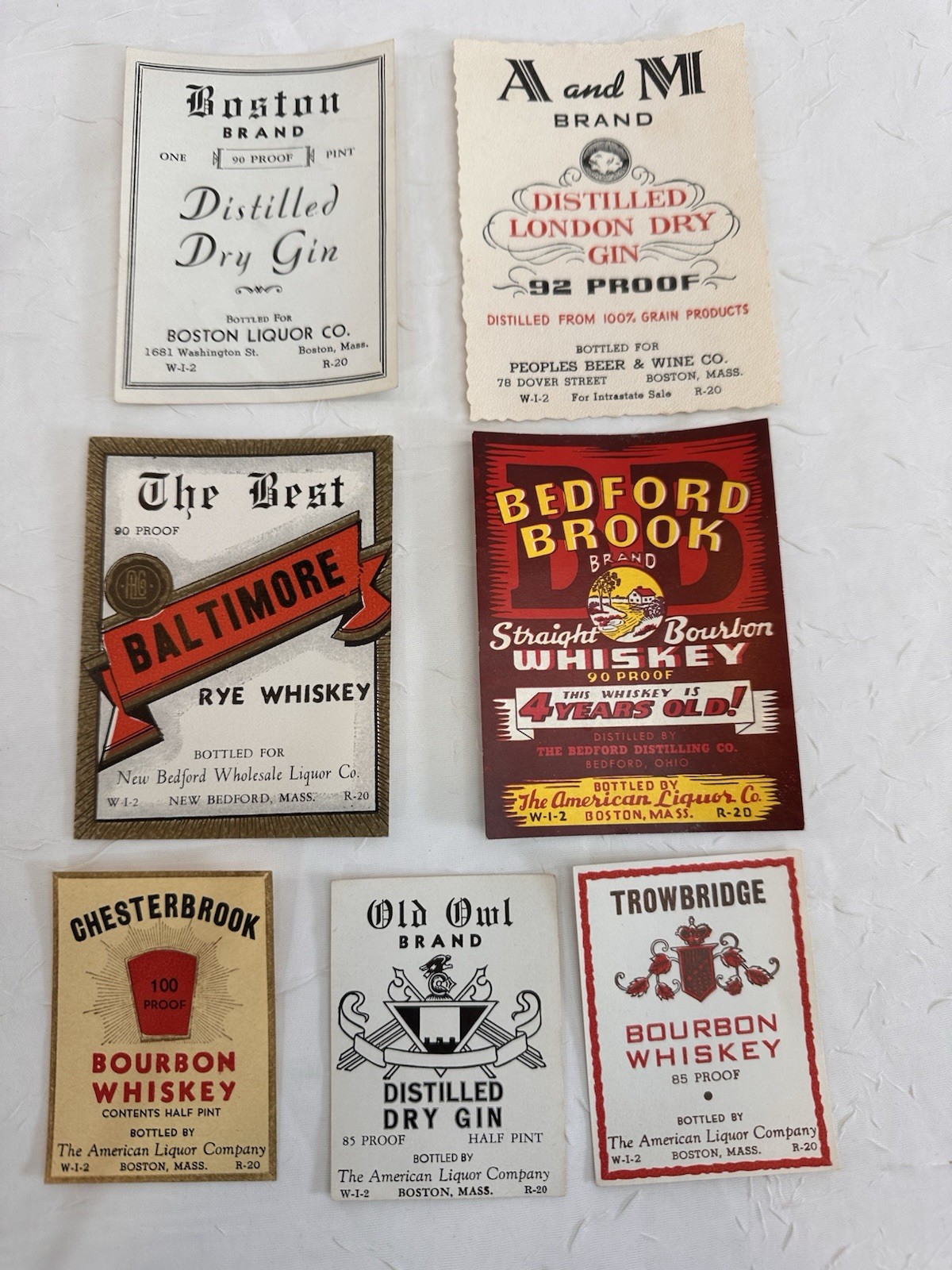 Lot of 7 Old 1930's-40's American Liquor Co. WHISKEY GIN RYE LABELS Boston MA