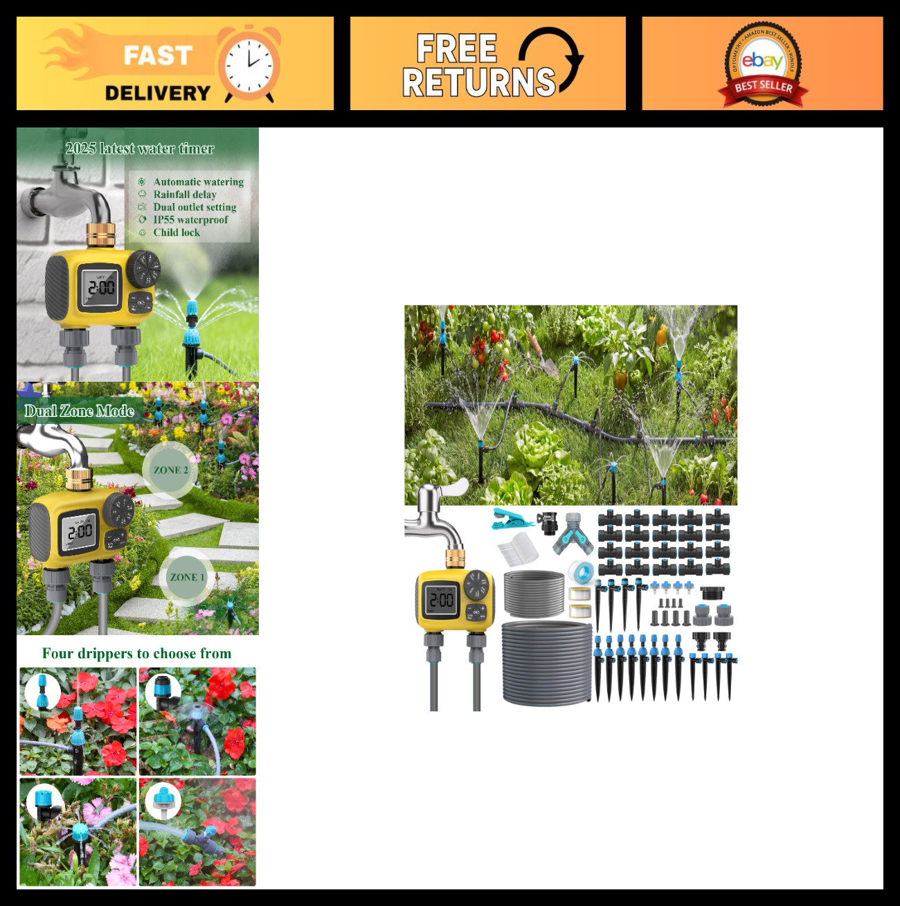 150FT Drip Irrigation Kit with 2-Zone Timer, Adjustable Nozzles & Fast-Plug Tubi