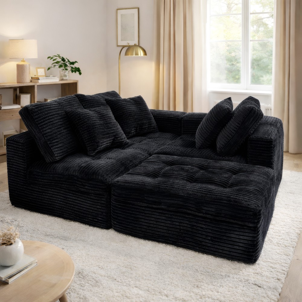 Modular Cloud Sectional Sofa 105" w/ Ottoman, All-Foam, Faux Fur, Black