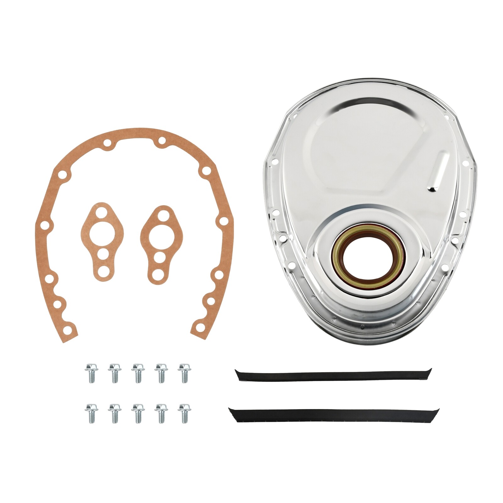 Chrome Steel Timing Chain Cover w/ Gasket & Bolt For Chevy SBC 327 350 383 400