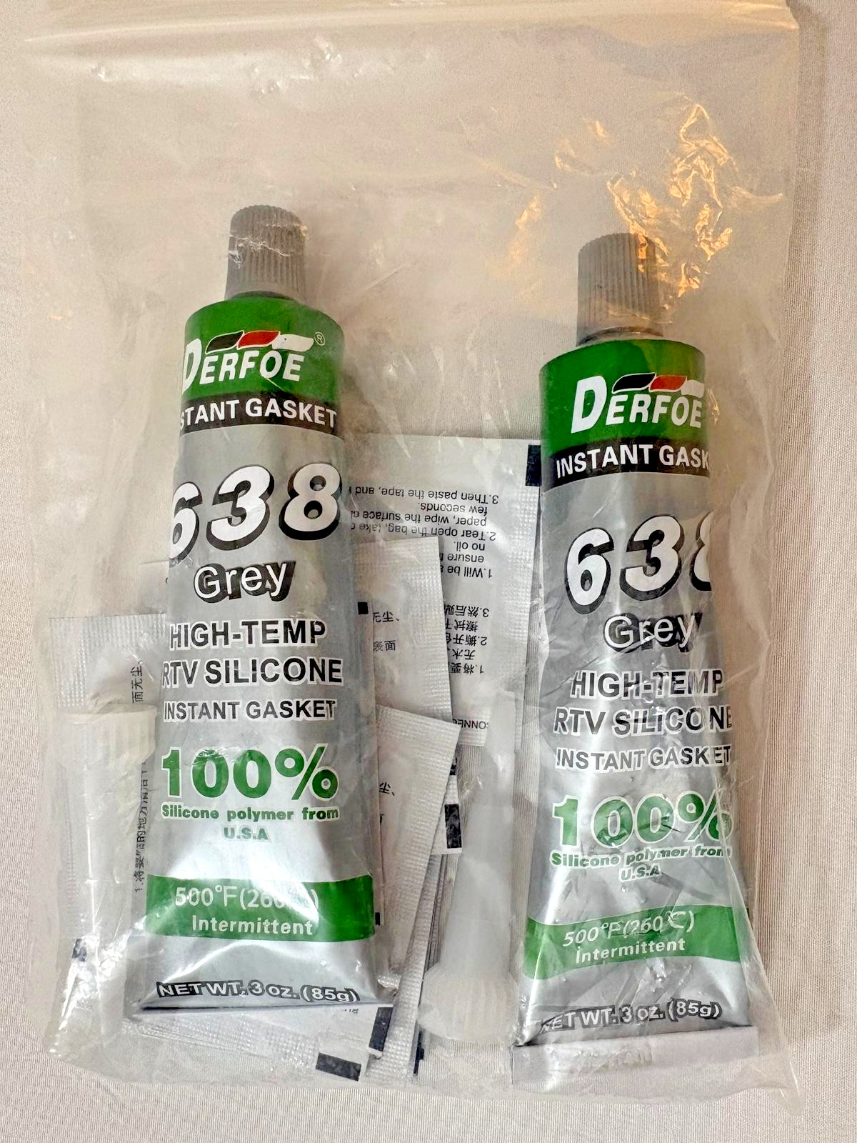 DERFOE 638 Hi-Temp RTV Silicone Gray Gasket Maker 3 oz Tubes 2-Pack