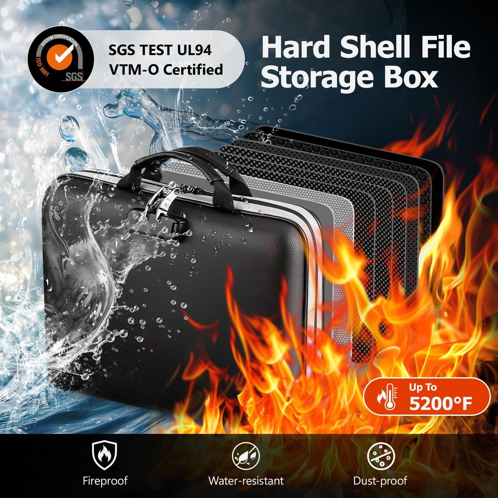 Dadanism 5200℉ Fireproof File Organizer with Combination Lock, Hard Shell Mul...