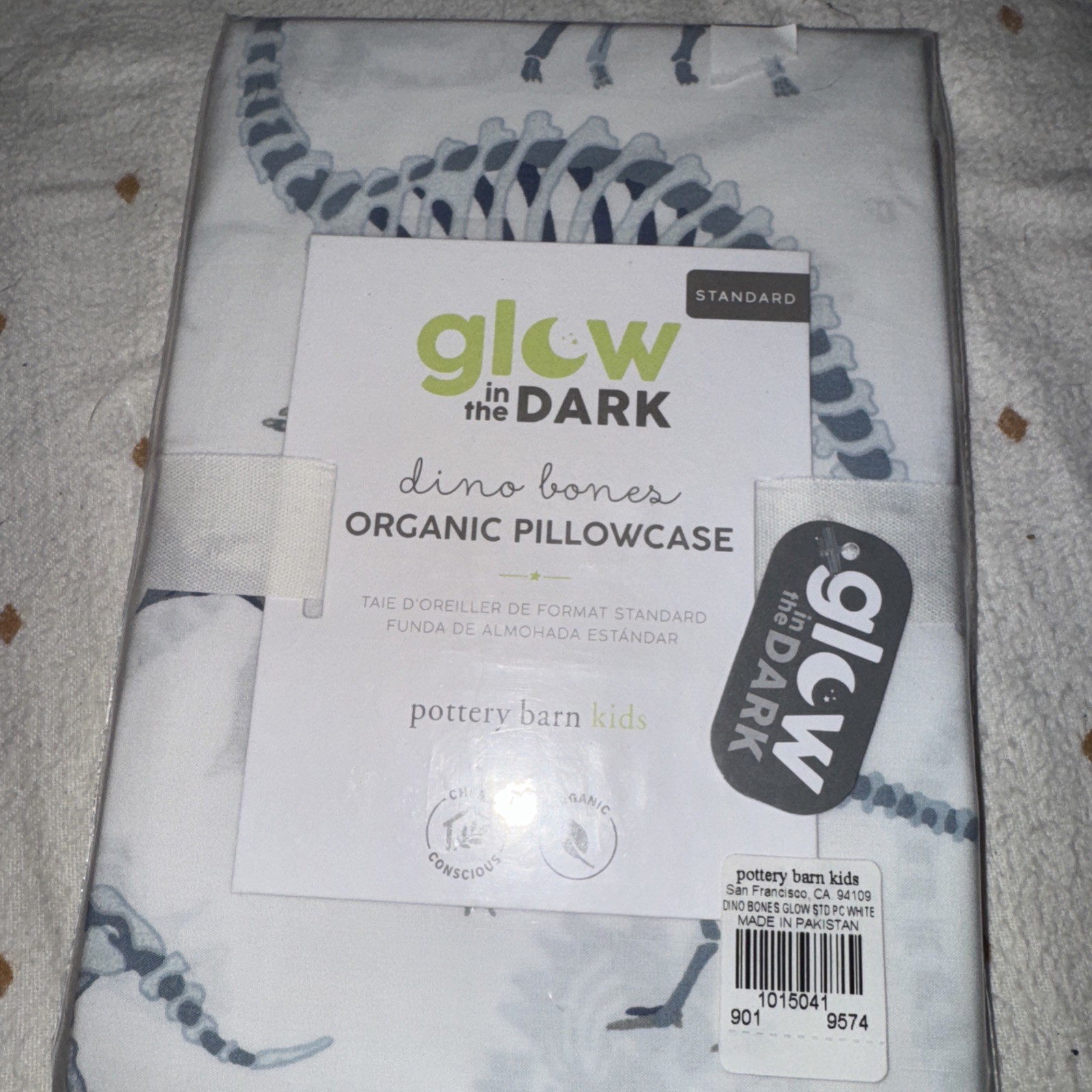 Pottery Barn Kids Dinosaur Dino Bones Glow in the Dark Standard Pillowcase New