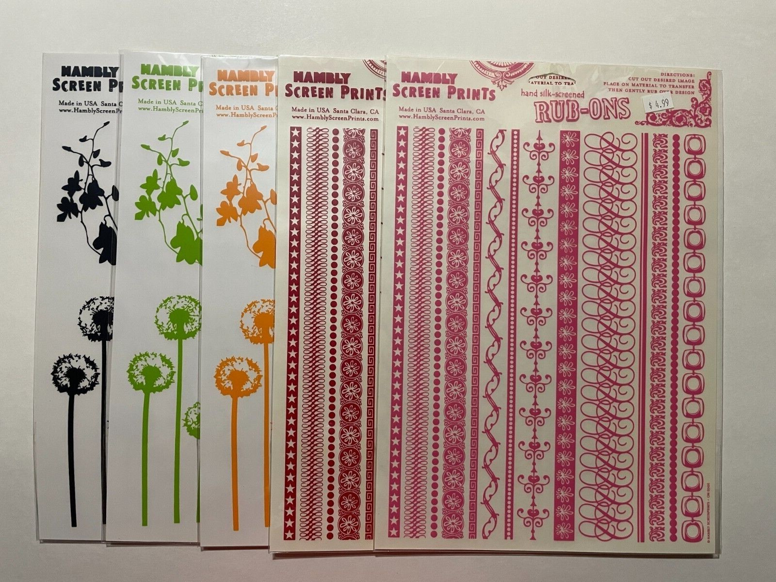 HAMBLY SCREEN PRINTS RUB-ONS "TWIG/DANDELIONS" AND "ON EDGE"