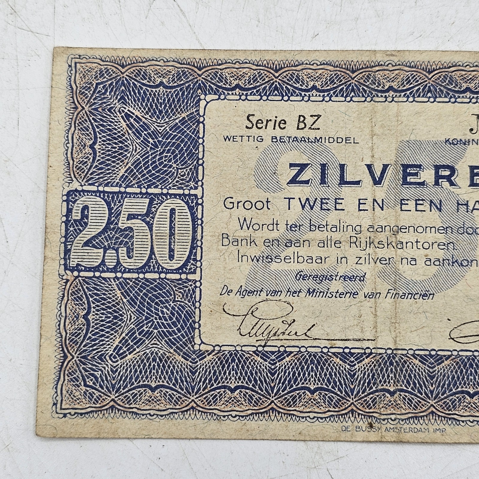Vintage Netherlands 2½ Gulden Silver Voucher October 1938