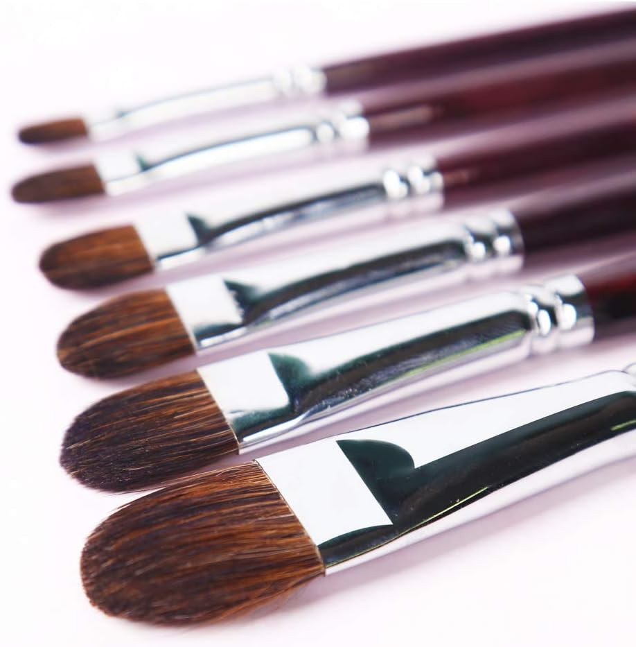 Transon Red Sable Filbert Paint Brushes 6Pcs for Watercolor, Acrylic, Oil, Tempe