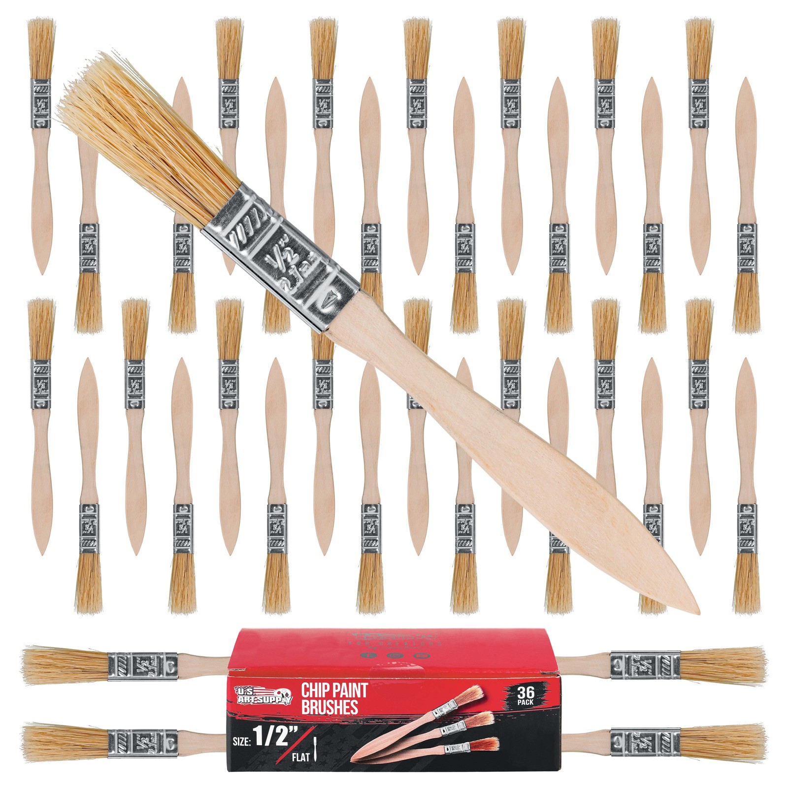 US Art Supply 1/2" Chip Brushes Paint Glue Adhesives Touchups 1/2 Inch Lot of 36